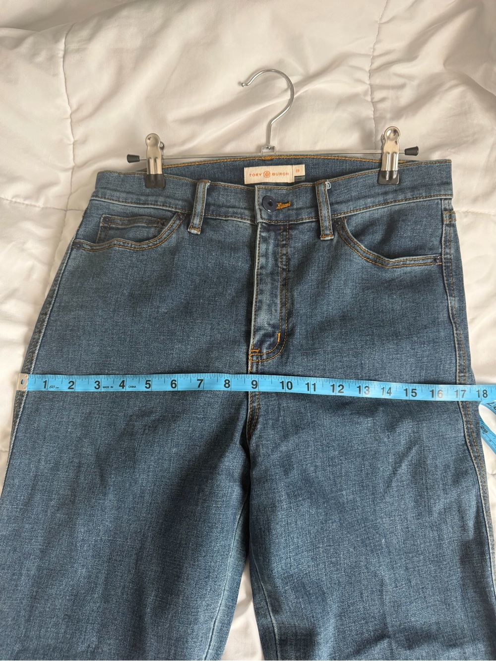 Tory Burch Dark Blue Straight-Leg Jeans with Red & Cream Embellished Hem - Picture 3 of 3